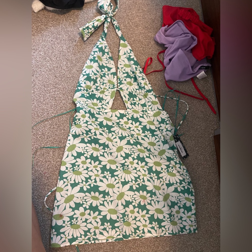 Green, floral, open back dress!